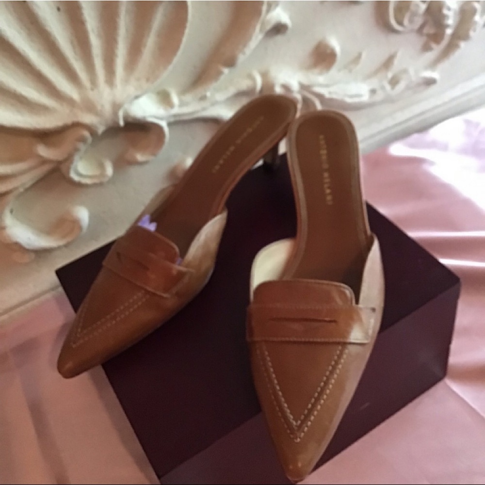 Antonio Melani Brown Leather Loafer Heeled Mules